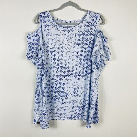 Woman Within Plus Size 26 28 2X Stars Print Cold Shoulder Tee Top White Blue - Picture 2 of 6